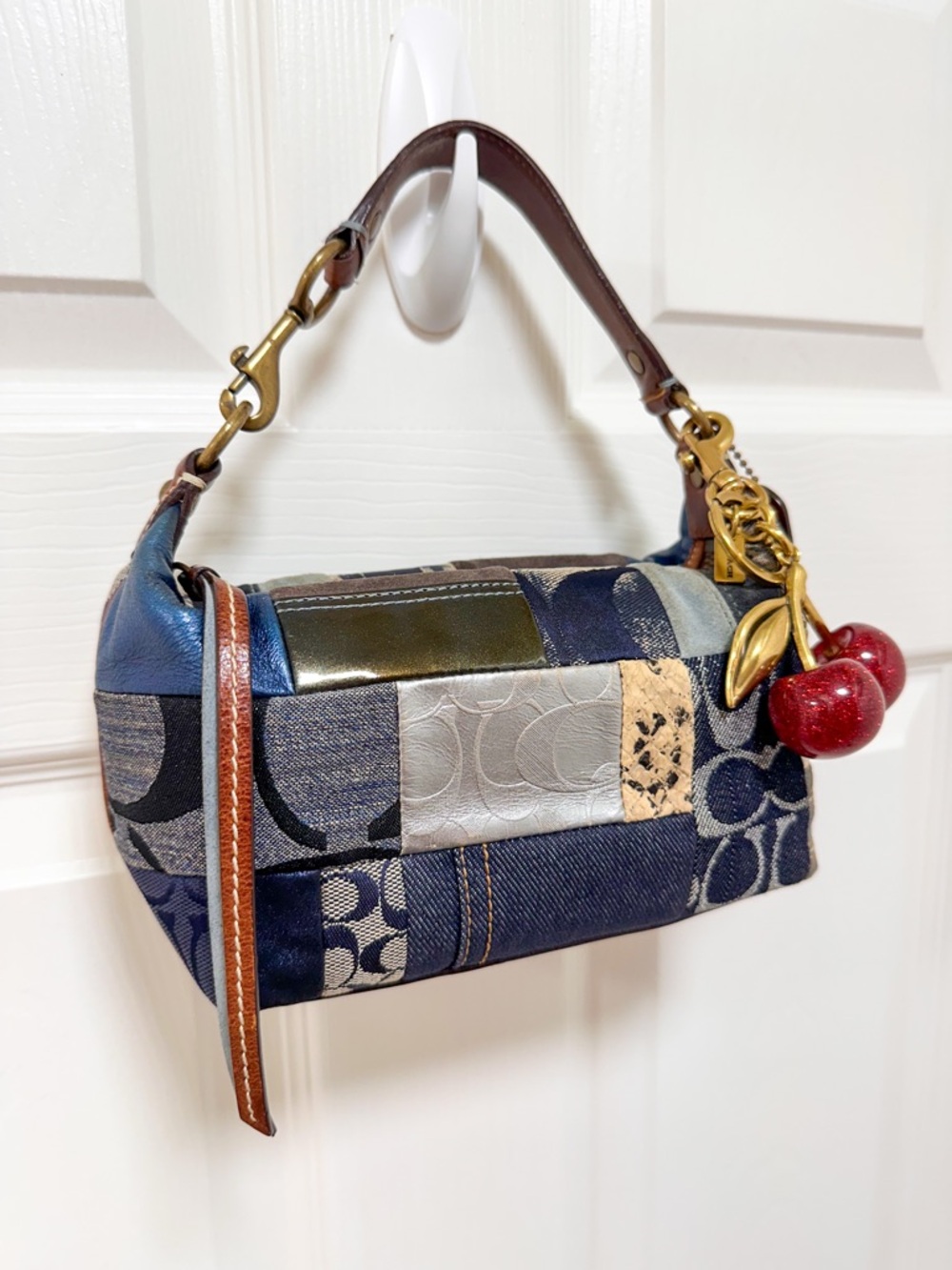 Coach Denim Patchwork Demi Bag Blue Multi Leather Trim Baguette Vintage Y2K - Picture 4 of 14